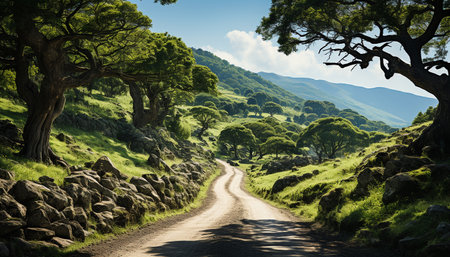 Traveling through the rural landscape, a mountain peak emerges generated by artificial intelligenceの素材