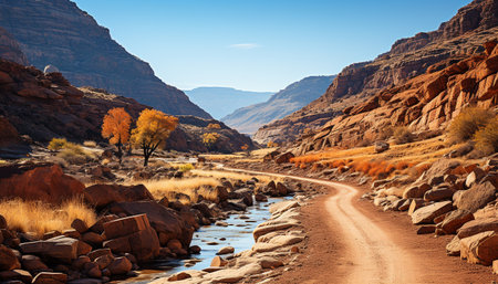 Majestic mountain range, tranquil riverbed, famous African wilderness generated by artificial intelligenceの素材