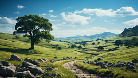 Tranquil meadow, green mountains, serene sunset, nature beauty generated by artificial intelligenceの素材