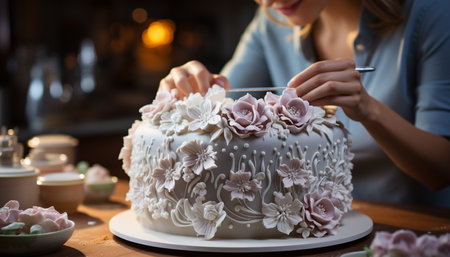 Women decorating homemade dessert on table, sweet food celebration generated by artificial intelligenceの素材