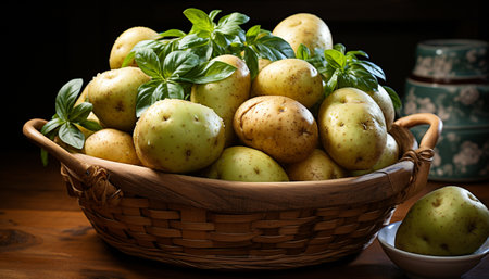 Fresh organic vegetables in a rustic wooden basket generated by artificial intelligenceの素材