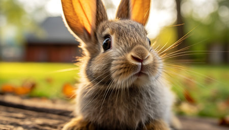 Cute fluffy baby rabbit sitting in grass, looking adorable generated by artificial intelligenceの素材