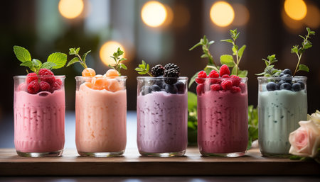 Freshness in a glass Berry cocktail, yogurt, and milkshake generated by artificial intelligenceの素材