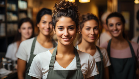 A group of smiling young women studying indoors happily generated by artificial intelligenceの素材