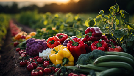 Fresh organic vegetables tomato, bell pepper, cucumber, carrot, cauliflower generated by artificial intelligenceの素材