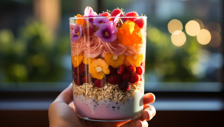 A refreshing summer snack homemade yogurt with fresh berries generated by artificial intelligenceの素材