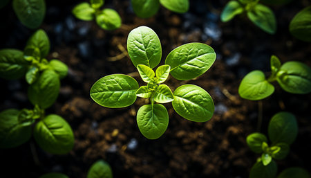 New life sprouts in the green, fresh, organic forest generated by artificial intelligenceの素材