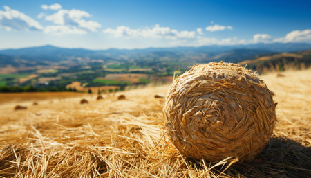 Rural farm landscape hay bales roll under golden sunset generated by artificial intelligenceの素材