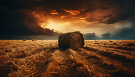 Agriculture beauty rural meadow, sunset, wheat, haystack, dramatic sky generated by artificial intelligenceの素材