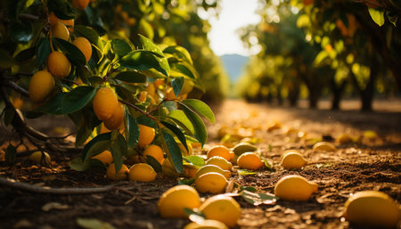 Fresh citrus fruit on tree in a vibrant orchard generated by artificial intelligenceの素材