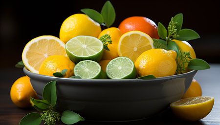 Fresh citrus fruits on wooden table, vibrant and juicy generated by artificial intelligenceの素材