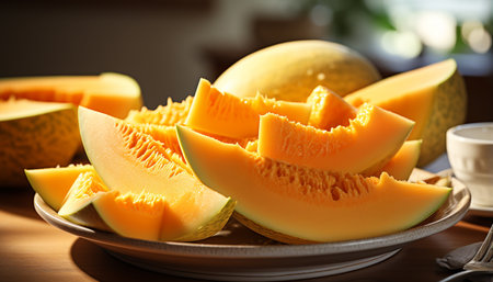 Freshness on table melon with fruit, slice, healthy eating, gourmet, organic, snack, meal, dessert generated by artificial intelligenceの素材