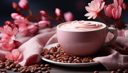Fresh coffee cup on wooden table with chocolate dessert generated by artificial intelligenceの素材