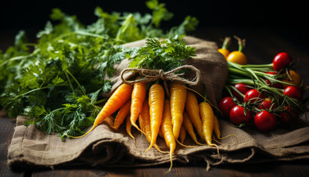 Fresh organic vegetables on wooden table, healthy eating in nature generated by artificial intelligenceの素材