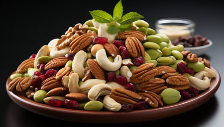 Healthy eating almond with cashew and nut, fruit, hazelnut, pecan, walnut, cranberry, chocolate generated by artificial intelligenceの素材