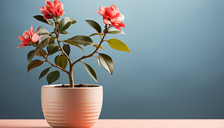 Freshness and beauty in nature green leaves, pink flowers generated by artificial intelligenceの素材