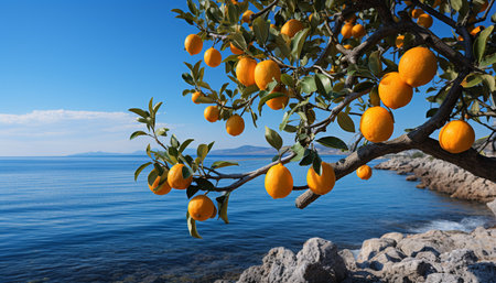 Fresh citrus fruit on a green tree, summer vibrant beauty generated by artificial intelligenceの素材