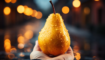 A hand drops wet yellow drink, refreshing in the night generated by artificial intelligenceの素材