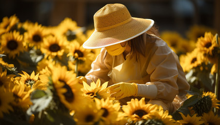 A woman sitting in a meadow, holding a sunflower generated by artificial intelligenceの素材