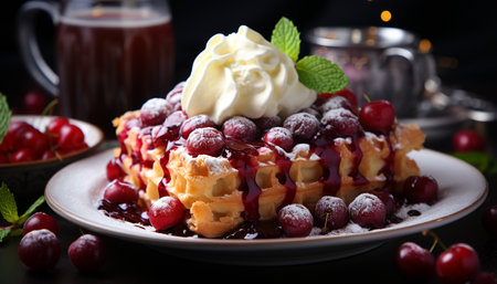 Homemade gourmet dessert Fresh berry waffle with chocolate sauce generated by artificial intelligenceの素材