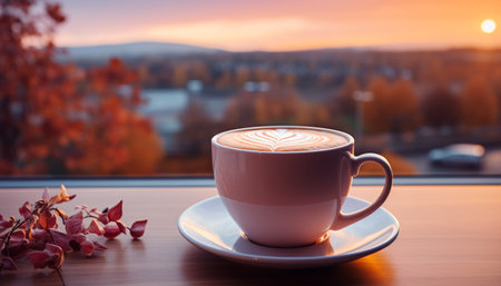Coffee cup on wooden table, cityscape background, fresh and hot generated by artificial intelligenceの素材