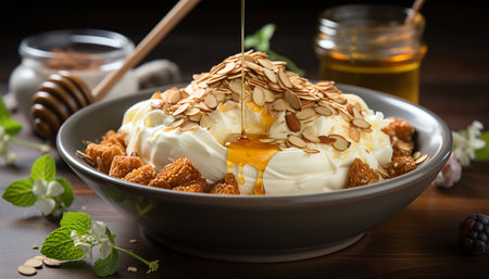 Freshness and sweetness on a wooden table, homemade gourmet dessert generated by artificial intelligenceの素材