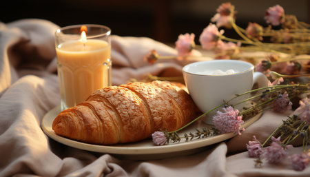 Cozy bedroom, fresh croissant, coffee, and flower create relaxation generated by artificial intelligenceの素材