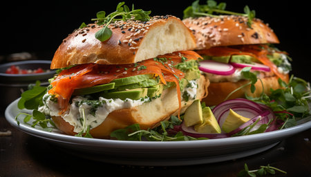 Freshness on plate gourmet salad, grilled meat, healthy sandwich generated by artificial intelligenceの素材