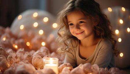 A cute, smiling child enjoys the Christmas decoration indoors generated by artificial intelligenceの素材