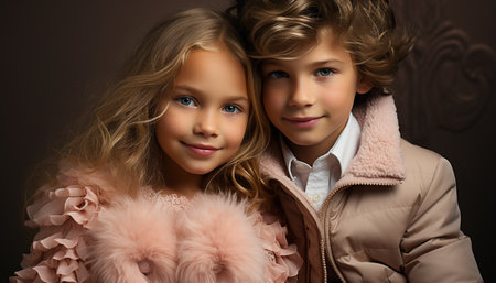 Smiling cute Caucasian girl, cheerful boys, small family fun generated by artificial intelligenceの素材