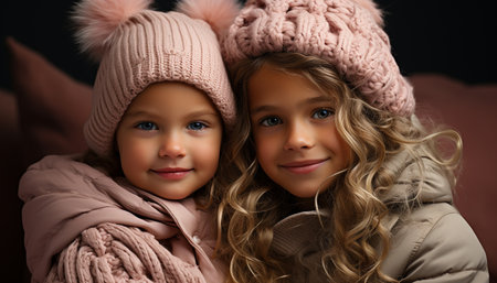 Smiling child, cute girl, cheerful boys, happiness embracing outdoors generated by artificial intelligenceの素材