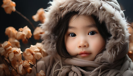 Cute child portrait, winter baby, small childhood outdoors generated by artificial intelligenceの素材