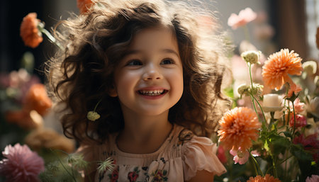 Smiling child, cheerful and cute, happiness in nature flower generated by artificial intelligenceの素材