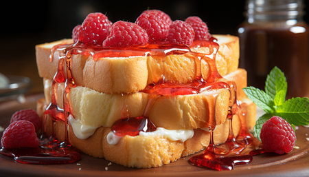 Homemade dessert Fresh berry pie with whipped cream decoration generated by artificial intelligenceの素材