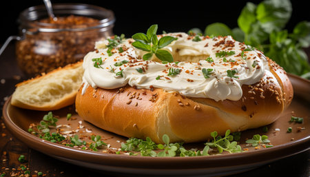 Freshness and indulgence on a rustic wooden table, grilled meat generated by artificial intelligenceの素材