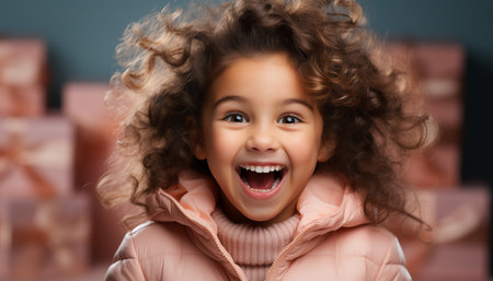 Smiling child, cheerful happiness, cute portrait, girls looking at camera generated by artificial intelligenceの素材