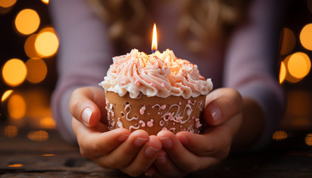 A woman holding a homemade chocolate dessert by candlelight generated by artificial intelligenceの素材