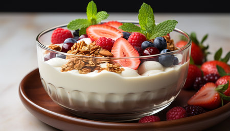 Homemade parfait Fresh berries, creamy yogurt, and crunchy granola generated by artificial intelligenceの素材