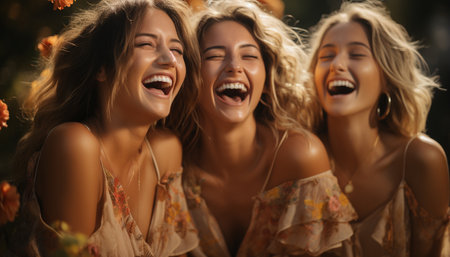 Young women enjoying a carefree summer party, laughing and dancing generated by artificial intelligenceの素材