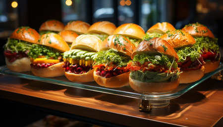 Grilled beef sandwich with fresh tomato, onion, and vegetables generated by artificial intelligenceの素材