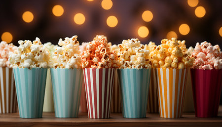 A large striped bucket of snacks and drinks in a movie theater generated by artificial intelligenceの素材