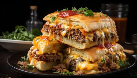 Grilled beef sandwich with melted cheddar, fresh tomato, and onion generated by artificial intelligenceの素材