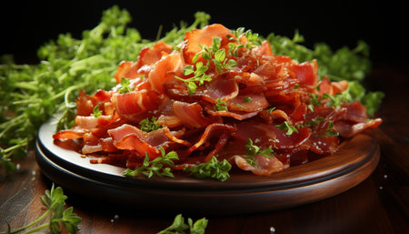 Fresh prosciutto slice on rustic bread with grilled vegetables generated by artificial intelligenceの素材