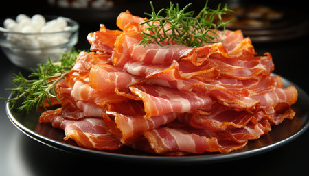 Freshness and gourmet delicatessen on a rustic wood plate generated by artificial intelligenceの素材