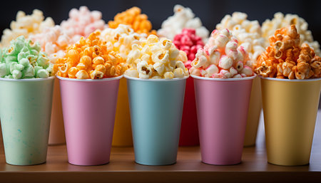 A colorful snack collection in disposable cups, refreshing and sweet generated by artificial intelligenceの素材