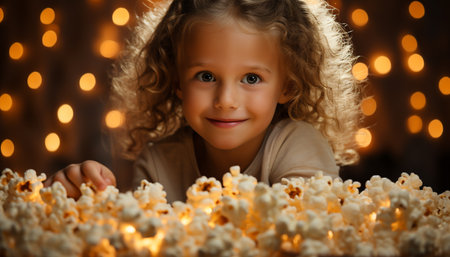 A cute, smiling toddler enjoying the Christmas lights indoors generated by artificial intelligenceの素材