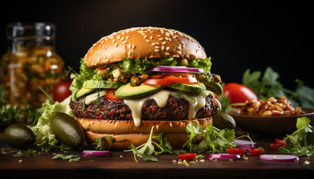 Grilled cheeseburger on a bun, with fresh tomato and onion generated by artificial intelligenceの素材