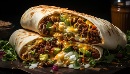 Grilled beef taco on tortilla with guacamole, tomato, and cilantro generated by artificial intelligenceの素材