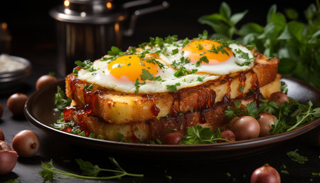 Freshness on plate gourmet meal, cooked meat, healthy eating generated by artificial intelligenceの素材