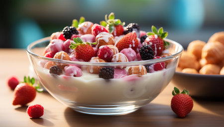 Fresh berry parfait on wooden table, healthy and delicious generated by artificial intelligenceの素材